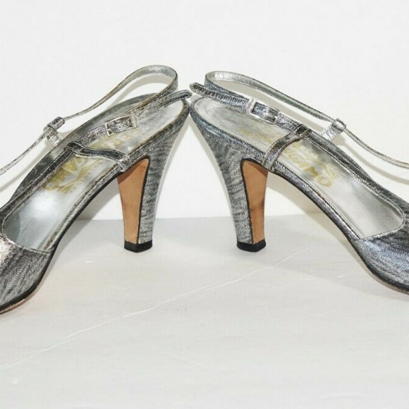 Vtg Salvatore Ferragamo Shoes High Heeled Metallic - Picture 2 of 8